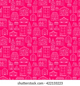Seamless pink hand-drawn pattern, cute bright background with houses, good for design fabric, wrapping paper, print design, postcards, EPS 8