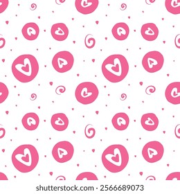Seamless Pink Heart Pattern with Dots and Swirls