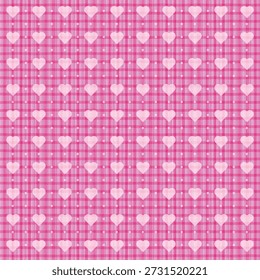 Patrón de corazón rosa sin fisuras con un fondo de jengibre a cuadros magenta y rosa claro con puntos decorativos. Linda Ilustración vectorial romántica para el diseño textil y papel de regalo.