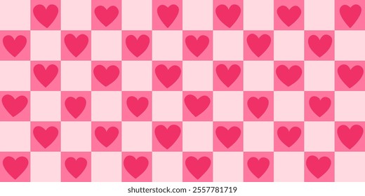 Seamless pink heart pattern on a soft checkered background, perfect for Valentine's Day, weddings, or romantic designs. Wrapping paper in y2k millennial style. 2000s retro love chessboard backdrop.