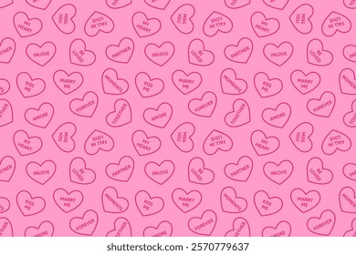 Seamless pink heart pattern with romantic sayings like "Forever" and "Kiss Me." Perfect for Valentine’s Day, anniversaries, wallpapers, wrapping paper, greeting cards, and love-themed creative project