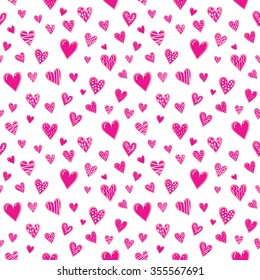 Seamless pink hearts pattern on white  background. Vector illustration.