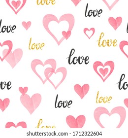 Seamless Pink Hearts Pattern. Valentines Day Love Background.	