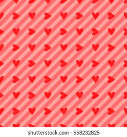 Seamless pink hearts and stripes pattern. Valentine's day tile background. Romantic vector pattern.