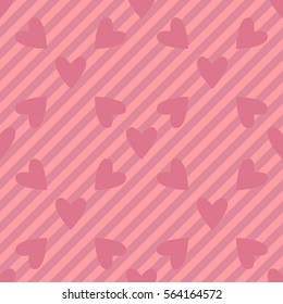 Seamless pink hearts and stripes pattern. Valentine's day tile background. Romantic vector pattern.