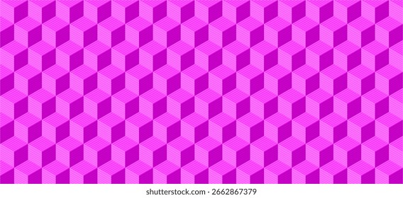 Patrón de línea de hexágono rosa sin costuras con ilusión isométrica 3D: textura geométrica de fondo Abstractas en púrpura y magenta, Vector editable para Fondo de pantalla o diseño de tela