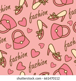 Seamless pink high heel and bag pattern on pink background