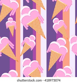 Seamless pink ice-cream pattern. Ice-cream cones on color background. 