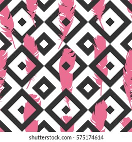 Seamless pink illustration with feathers on a black geometric background. Natural vector pattern. Boho style. Simple silhouettes.
