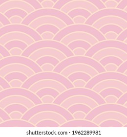 Seamless pink Japan sea wave pattern. Repeating grey ocean water curve asian texture. Sakura color line art vector illustration.