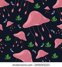 Seamless pink jellyfish pattern on black isolated background. Sea theme. For kids decor, textiles.