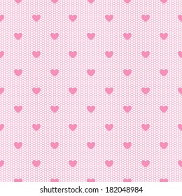 Seamless pink lace pattern with hearts on white background.