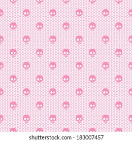 Seamless pink lace pattern with skulls on white background.