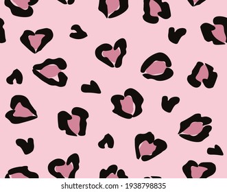 Seamless Pink Leopard Pattern, Heart Shaped Figures, Vector Design for Fashion and Background Prints