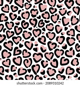 Seamless Pink Leopard Pattern, Heart Shaped Figures, Vector Design for Fashion and Background Prints