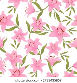 Seamless pink lily floral pattern with soft green leaves in elegant botanical illustration style