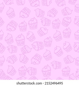 Seamless pink line style cupcake pattern. Food