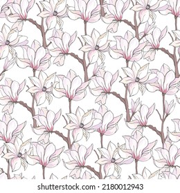 Patrón de magnolia rosa sin foco con flores rosas sobre un fondo blanco. ilustración vectorial de impresión de resorte
