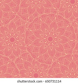 Seamless pink mandala pattern for printing on fabric or paper. Hand drawn background. Islam, Arabic, Indian, motifs.
