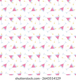 Seamless pink martini cocktail pattern for party. Martini drink glass with olive garnish
