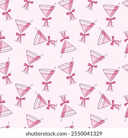 Seamless Pink Martini Cocktails Pattern With Bowtie Accents