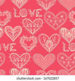 Seamless pink monochrome Valentine pattern with hand drawn ornate hearts
