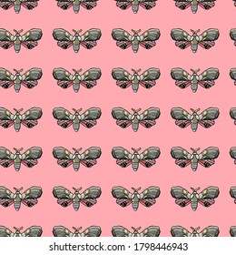 Seamless pink moth background, moth pattern, pink background, clothing pattern, fabric pattern, antique, wallpaper, gift paper, for women, holiday, cartoon, romance, white moths, pink wings, night