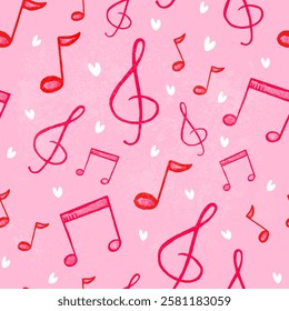 Seamless pink music pattern. Musical notes, treble clefs and valentines on a square background in doodle style. Drawing a sketch by hand.