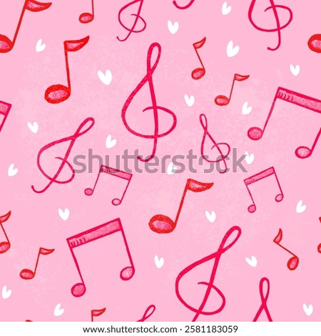 Seamless pink music pattern. Musical notes, treble clefs and valentines on a square background in doodle style. Drawing a sketch by hand.