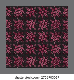 Patrón de neón rosa sin fisuras con flores, corazones y lunas en un fondo degradado oscuro. Diseño textil gótico o femenino etéreo.