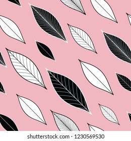 Seamless pink organic elegant pattern with single diagonal black and white rowan leaves. Rose color background with leaf silhouettes. Vector Illustration. Fashion floral  spring, summer texture.