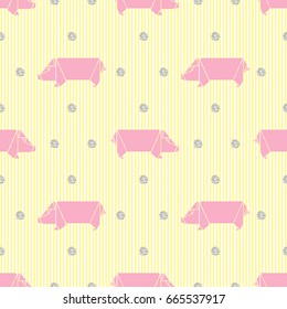 seamless pink origami pig pattern on yellow stripe background