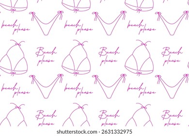 Seamless pink outline pattern of bikini with "Beach please" handwritten lettering. Transparent background, fun and modern summer design for apparel and digital projects.

