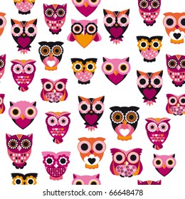 Seamless pink owl illustration pattern in vector for kids