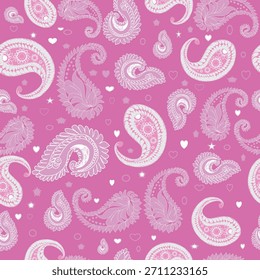 Seamless pink Paisley pattern featuring elegant teardrop motifs and intricate curved lines. The soft pink tones create a charming and feminine vintage aesthetic, perfect for textiles, wallpapers, fash