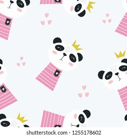 Seamless pink Panda pattern. Vector illustration for printing on packaging paper, children's clothing, bed linen. Cute baby background.