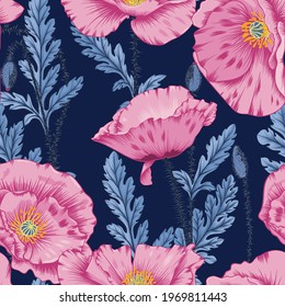 Seamless Pink Papaver Rhoeas Flowers with Blue Leaves Pattern