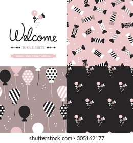 Seamless pink pastel birthday wedding and engagement party illustration background pattern selection and invitation cover template design in vector