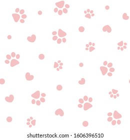  Seamless pink pastel pattern background texture wallpaper with paws pets animals track and hearts.