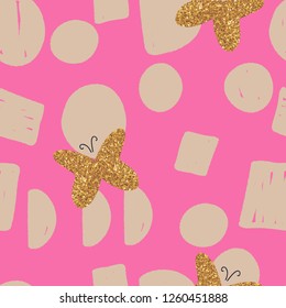 Seamless pink pastel pattern with simple shapes and gold glitter butterflies. Scandinavian style fashionable template for design. Vector illustration