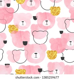 Seamless pink pattern with abstract watercolor bears.