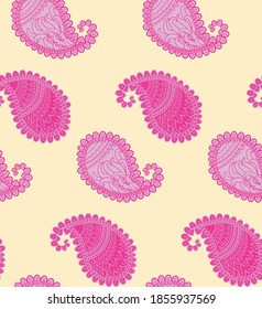 Seamless pink pattern of beautiful paisley cucumbers Turkish, Indian, Persian