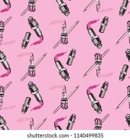 Seamless pink pattern for beauty salon with lips pencil and lipstick. Vector fashion illustrations with watercolor style paint splashes. Design for logo, t shirt and uniform.