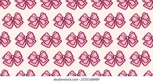 Seamless pink pattern with bows. Gift ribbons and bow knots. Soft, feminine style perfect for Valentine's Day. A whimsical wedding backdrop and trendy hair accessory. Ideal for wrapping paper.