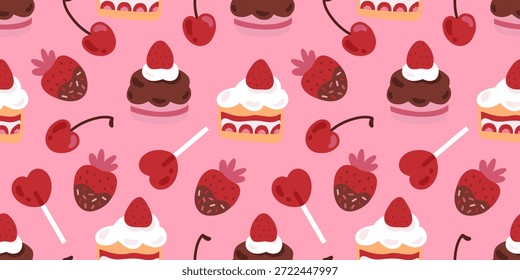 Patrón rosa sin fisuras con pasteles, cupcakes, fresas, cerezas, corazones y piruletas. Dulce sentimiento de San Valentín, perfecto para envolver papel, textiles, Fondos de pantalla, tarjetas y fondos festivos, regalos!!