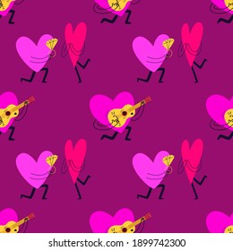 Seamless pink pattern with cartoon hearts. A lover plays a yellow guitar next to a heart-shaped character makes a proposal. Vector stock illustration in pink colors.