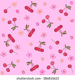 Seamless pink pattern with cherries. Summer fruit illustration. Vector illustration