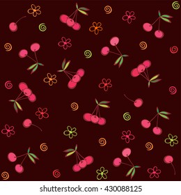 Seamless pink pattern with cherries. Summer fruit illustration. Vector illustration