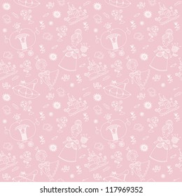 Seamless pink pattern. Cinderella. Hand drawn background. Template for children. Design with prince, princess, flowers, castle, tree, sea. Design can be used for wallpaper, textile, sticker, web.