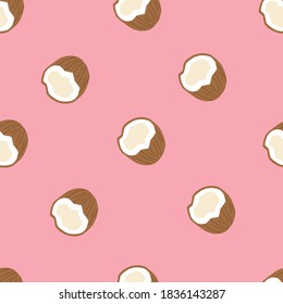 Seamless pink pattern with coconuts . Half a coconut. Summer and paradise background. Wallpaper, print, wrapping paper, modern textile design, banner, poster. Vector illustration.